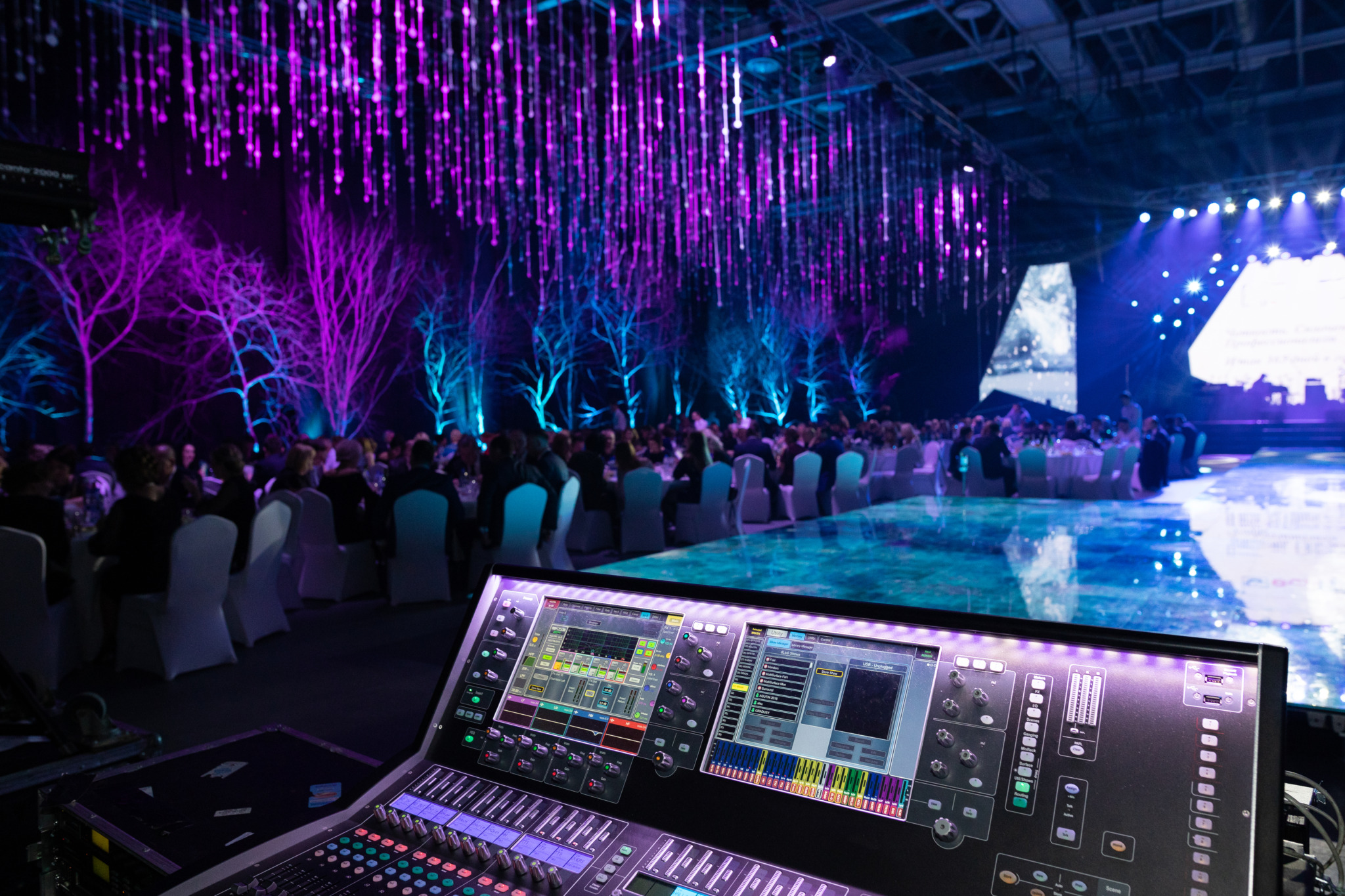 Musical equipment in the light club lights. Closeup On Piano, Keyboard-Keys On Synthesizer - Music Instrument